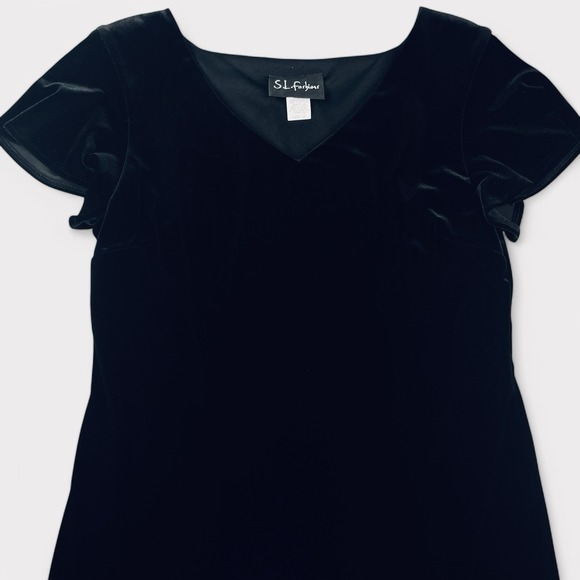 S.L. Fashions Womens Dress 12 Beaded Midi Black Velvet V Neck Cap Sleeve Stretch - Picture 3 of 13